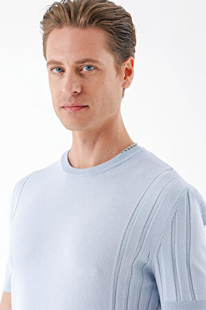 Tr 869 Slim Fit Bisiklet Yaka Kısa Kol Mavi Triko