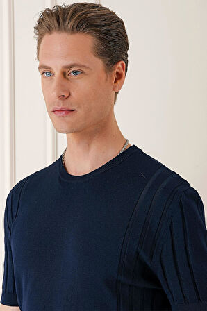 Tr 869 Slim Fit Bisiklet Yaka Kısa Kol Lacivert Triko