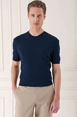 Tr 869 Slim Fit Bisiklet Yaka Kısa Kol Lacivert Triko