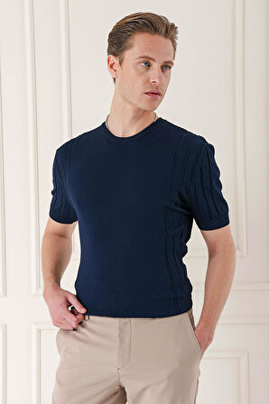 Tr 869 Slim Fit Bisiklet Yaka Kısa Kol Lacivert Triko