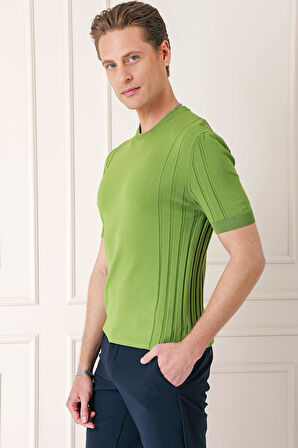 Tr 869 Slim Fit Bisiklet Yaka Kısa Kol Yeşil Triko