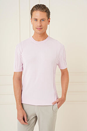 Tr 869 Slim Fit Bisiklet Yaka Kısa Kol Pembe Triko