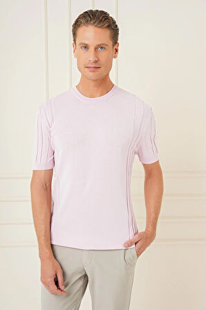Tr 869 Slim Fit Bisiklet Yaka Kısa Kol Pembe Triko