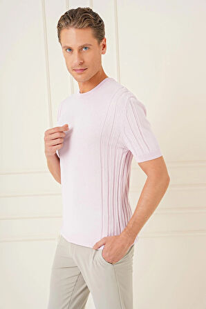 Tr 869 Slim Fit Bisiklet Yaka Kısa Kol Pembe Triko