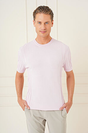 Tr 869 Slim Fit Bisiklet Yaka Kısa Kol Pembe Triko