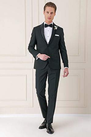 Black 075 Slim Fit Çıkma Saten Yaka Siyah Damatlık Smokin Takım