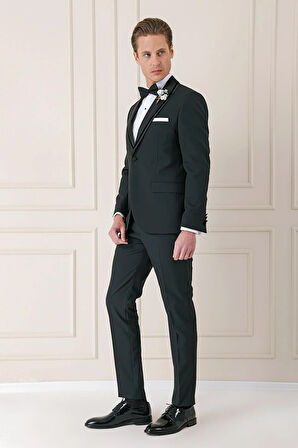 Black 075 Slim Fit Çıkma Saten Yaka Siyah Damatlık Smokin Takım