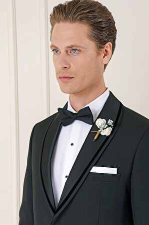 Black 075 Slim Fit Çıkma Saten Yaka Siyah Damatlık Smokin Takım