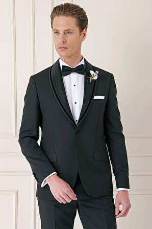 Black 075 Slim Fit Çıkma Saten Yaka Siyah Damatlık Smokin Takım