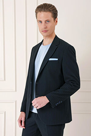 C 673 Comfort Fit Çizgili Esnek Pamuk Casuel Siyah Ceket