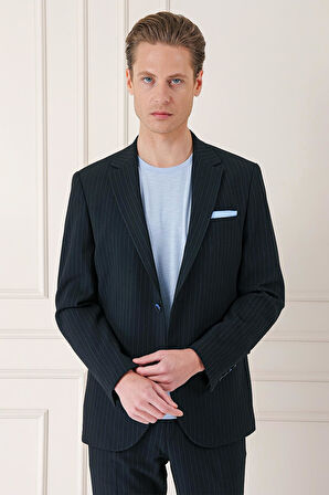 C 673 Comfort Fit Çizgili Esnek Pamuk Casuel Siyah Ceket