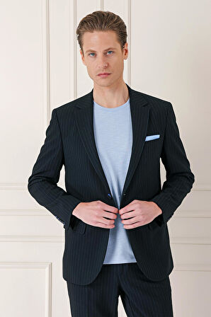 C 673 Comfort Fit Çizgili Esnek Pamuk Casuel Siyah Ceket