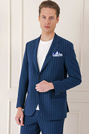 Comfort Fit Çift Yırtmaç Çizgili Pamuk Casual Lacivert Ceket C 674