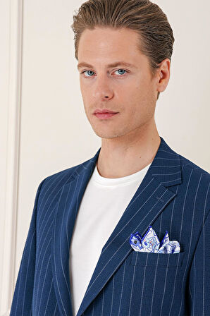 Comfort Fit Çift Yırtmaç Çizgili Pamuk Casual Lacivert Ceket C 674