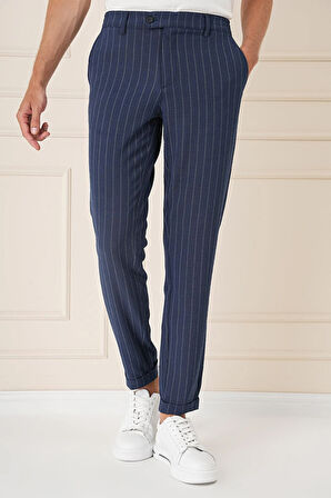 Comfort Fit Çizgili Gofre Kumaş Esnek Lacivert Pamuk Pantolon P 1157