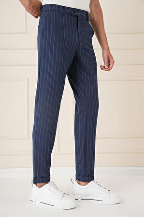 Comfort Fit Çizgili Gofre Kumaş Esnek Lacivert Pamuk Pantolon P 1157