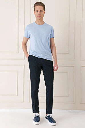 Comfort Fit Pileli İtalyan Çizgili Esnek Pamuk Casual Siyah Pantolon  P 1156