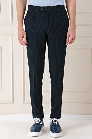Comfort Fit Pileli İtalyan Çizgili Esnek Pamuk Casual Siyah Pantolon  P 1156