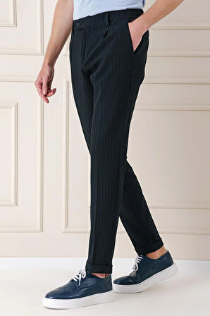 Comfort Fit Pileli İtalyan Çizgili Esnek Pamuk Casual Siyah Pantolon  P 1156