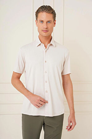 G 1573 Comfort Fit Spor Yaka Kısa Kol Esnek Pamuk Bej Gömlek