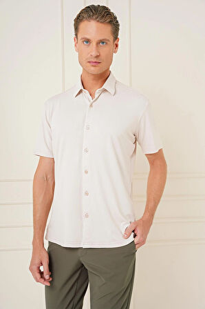 G 1573 Comfort Fit Spor Yaka Kısa Kol Esnek Pamuk Bej Gömlek