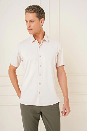 G 1573 Comfort Fit Spor Yaka Kısa Kol Esnek Pamuk Bej Gömlek