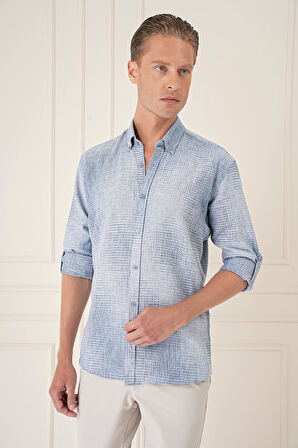 G 1571 Comfort Fit Batik Desen %100 Keten Mavi Gömlek