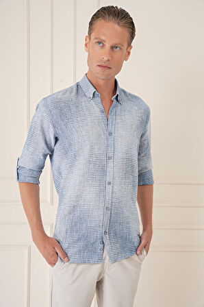 G 1571 Comfort Fit Batik Desen %100 Keten Mavi Gömlek