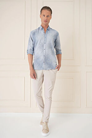 G 1571 Comfort Fit Batik Desen %100 Keten Mavi Gömlek