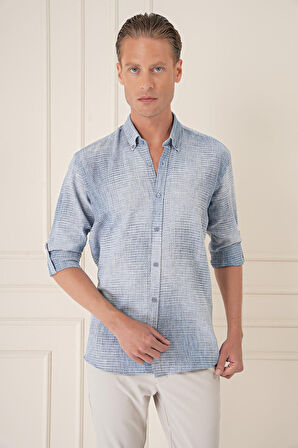 G 1571 Comfort Fit Batik Desen %100 Keten Mavi Gömlek