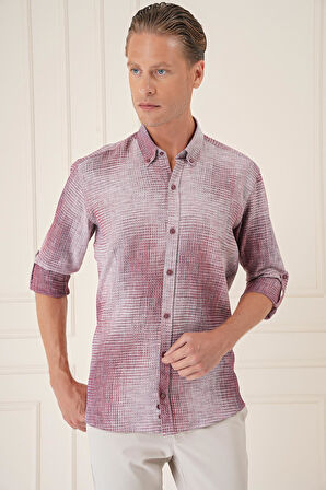 G 1571 Comfort Fit Batik Desen %100 Keten Bordo Gömlek