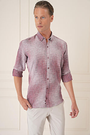 G 1571 Comfort Fit Batik Desen %100 Keten Bordo Gömlek