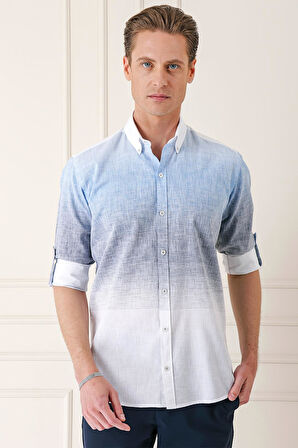 G 1572 Comfort Fit Degrade Desen Apoletli %100 Keten Mavi Gömlek