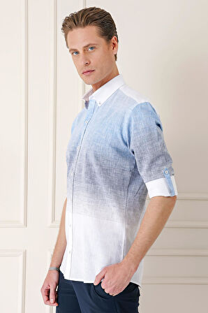 G 1572 Comfort Fit Degrade Desen Apoletli %100 Keten Mavi Gömlek