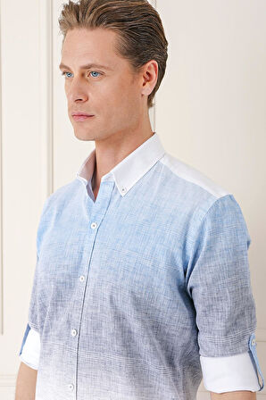 G 1572 Comfort Fit Degrade Desen Apoletli %100 Keten Mavi Gömlek