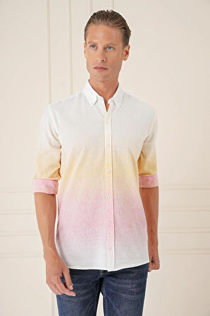 G 1572 Comfort Fit Degrade Desen Apoletli %100 Keten Pembe Gömlek