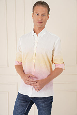 G 1572 Comfort Fit Degrade Desen Apoletli %100 Keten Pembe Gömlek