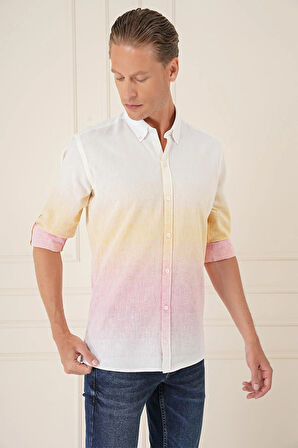 G 1572 Comfort Fit Degrade Desen Apoletli %100 Keten Pembe Gömlek