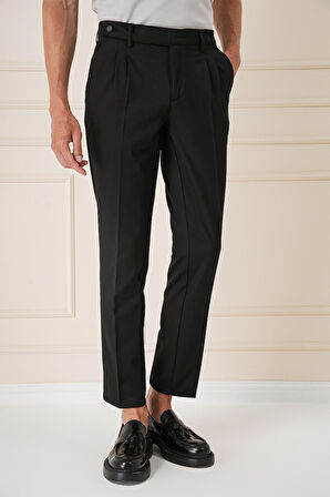P 1158 Comfort Fit Çift Pileli Dokulu Esnek Pamuk Siyah Pantolon