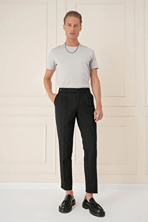 P 1158 Comfort Fit Çift Pileli Dokulu Esnek Pamuk Siyah Pantolon