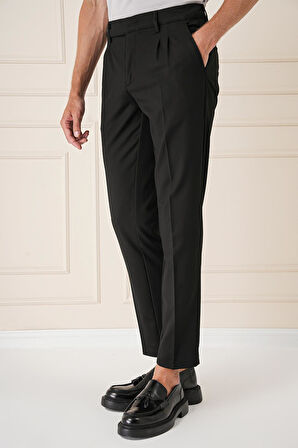 P 1158 Comfort Fit Çift Pileli Dokulu Esnek Pamuk Siyah Pantolon