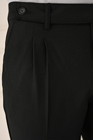 P 1158 Comfort Fit Çift Pileli Dokulu Esnek Pamuk Siyah Pantolon