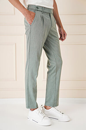 P 1158 Comfort Fit Çift Pileli Dokulu Esnek Pamuk Yeşil Pantolon
