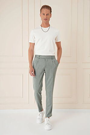 P 1158 Comfort Fit Çift Pileli Dokulu Esnek Pamuk Yeşil Pantolon