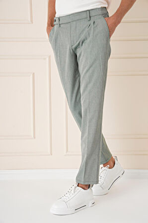 P 1158 Comfort Fit Çift Pileli Dokulu Esnek Pamuk Yeşil Pantolon