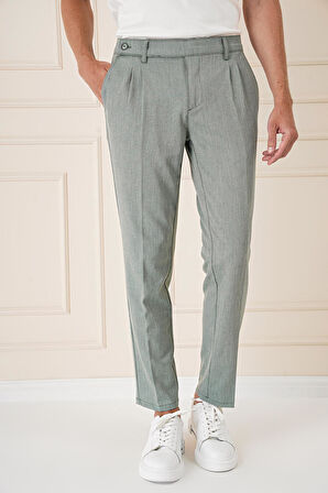 P 1158 Comfort Fit Çift Pileli Dokulu Esnek Pamuk Yeşil Pantolon