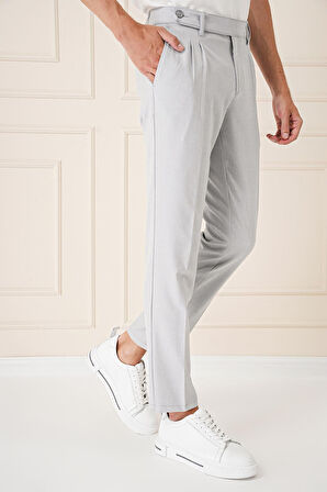 P 1158 Comfort Fit Çift Pileli Dokulu Esnek Pamuk Gri Mavi Pantolon