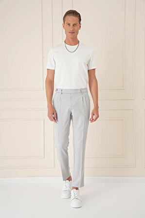 P 1158 Comfort Fit Çift Pileli Dokulu Esnek Pamuk Gri Mavi Pantolon