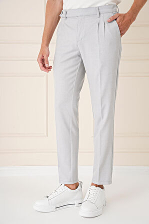 P 1158 Comfort Fit Çift Pileli Dokulu Esnek Pamuk Gri Mavi Pantolon