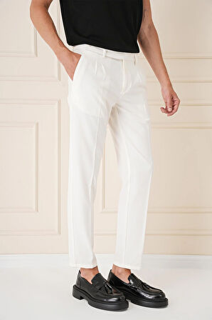 P 1158 Comfort Fit Çift Pileli Dokulu Esnek Pamuk Ekru Pantolon